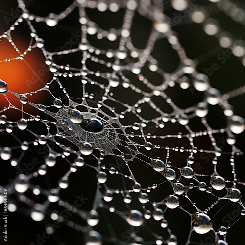 The picture showcases glistening drops of water adorning a delicate cobweb, creating a mesmerizing and ethereal scene that magnifies the wonders of nature
