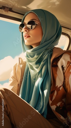 A woman wearing a blue scarf like a hijab and sunglasses sitting in a vehicle. Generative AI.