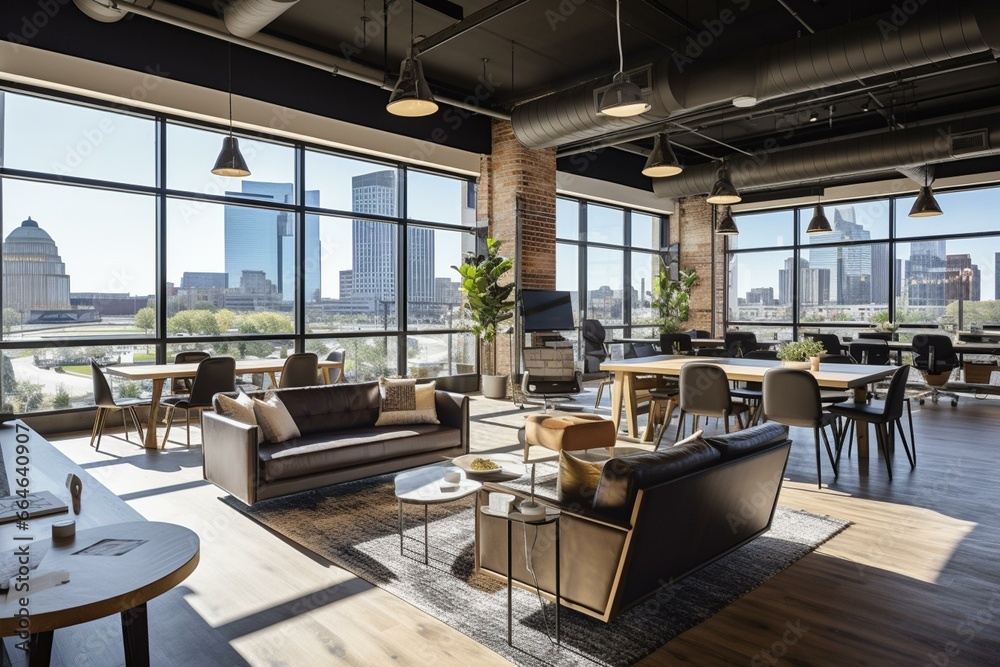 Modern urban coworking space with brick, concrete, wood, and natural light offering stunning cityscape views. Contemporary furnishings elevate the stylish ambience. Generative AI