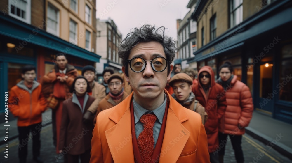 A man in an orange jacket and tie standing in front of a group of people. Generative AI.