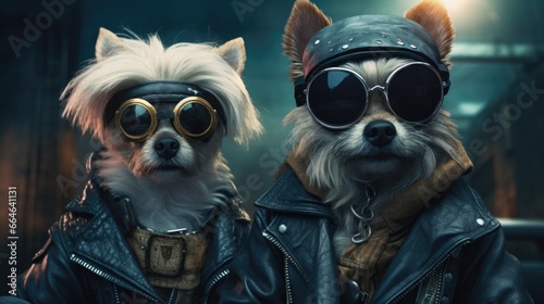 A couple of dogs wearing leather jackets and goggles. Generative AI.
