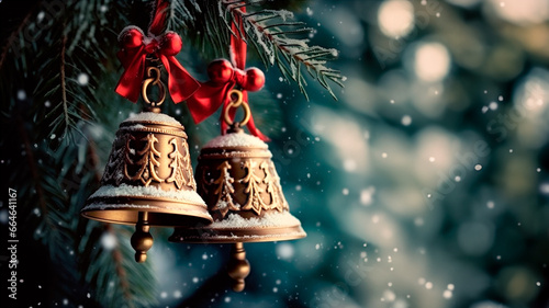 Christmas background with a fir branch decorated with bells and a panorama of a festive city in the background.