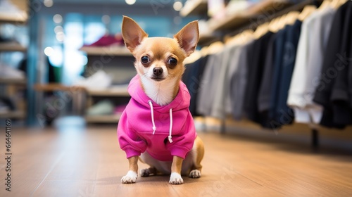 A small chihuahua dog wearing a pink hoodie sitting on the floor in a store. Generative AI.
