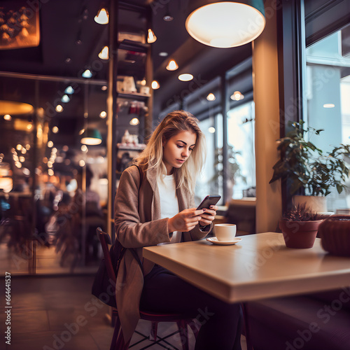 girl looks at her smarphone while drinking coffee