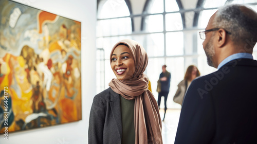 Portrait of a muslim woman, art academy student at a contemporary exhibition at the museum of contemporary art. Talking to art curator and gallery manager. In the background abstract paintings