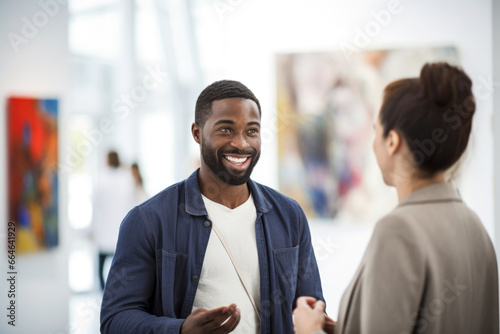 A male artist, african american ethnicity, at the opening day of the exhibition at a modern museum of contemporary art, communicates with Elegant woman, a lady art critic and a professional curator photo