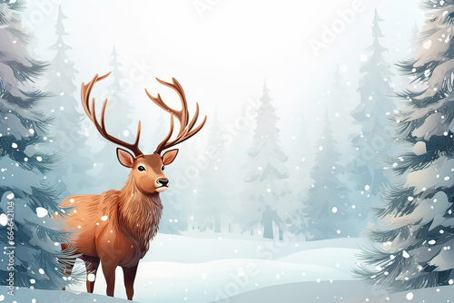 Elegant reindeer against snowy winter forest background. Holiday Christmas and New Year greeting card concept.