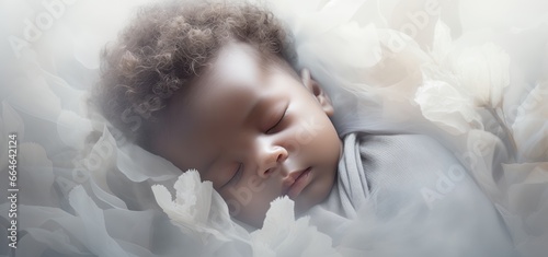 Condolence, grieving, loss, funerals, for sudden death of newborns (SIDS). African baby lying on soft and neutral background for showing a tragic reality and familial mourning. 
