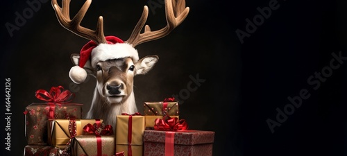 Merry Christmas concept holiday vacation winter background greeting card - Cool reindeer with santa claus hat and gift boxes with ribbon, isolated on black background