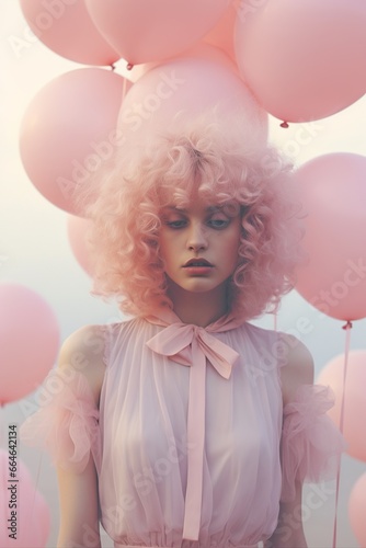 Surreal portrait of woman with pink hair and balloons © miriam artgraphy
