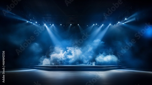 Illuminated stage with scenic lights and smoke.