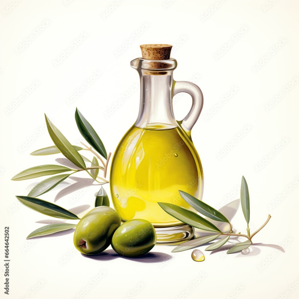 Classic olive oil bottle with green olives and olive leaves Classic olive oil bottle with green olives and olive leaves