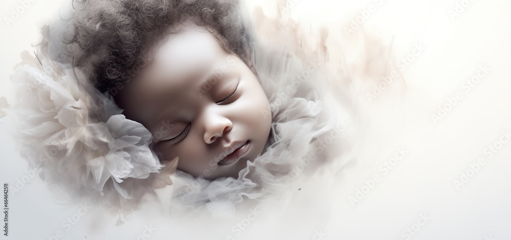 African newborn lying in soft colored blooms raising awareness of social and familial topics like infant funerals and coping with Sudden Infant Death Syndrome (SIDS). Tragic loss of children. Health.