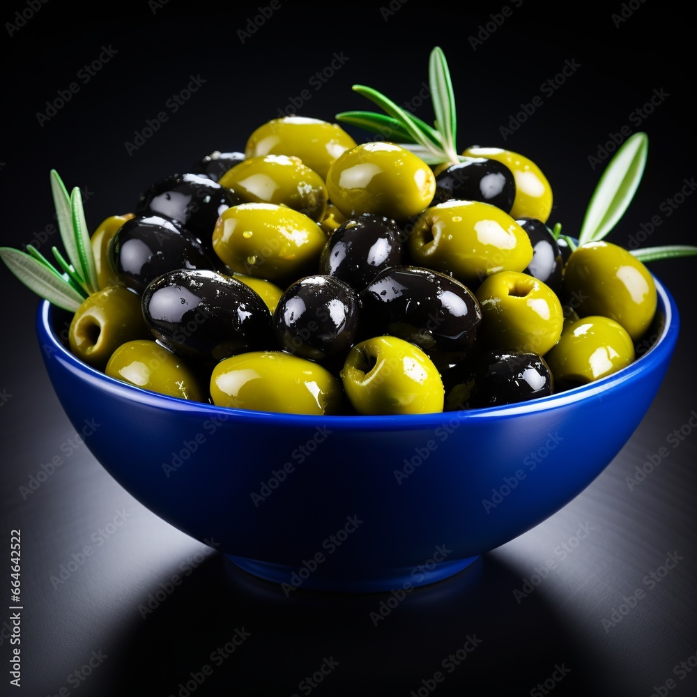 Mixed olives in blue bowl with rosemary on dark surface Mixed olives in blue bowl with rosemary on dark surface