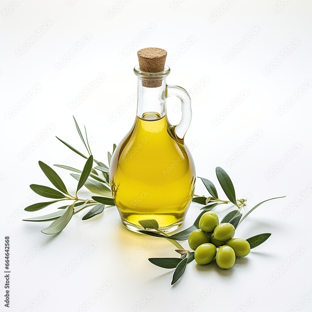 Traditional olive oil bottle with fresh olives and leaves Traditional olive oil bottle with fresh olives and leaves