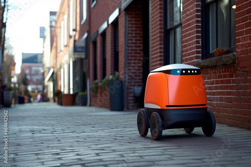 The future of automated delivery. Delivery technologies. Modern self-driving robots in the city. Autonomous robots.