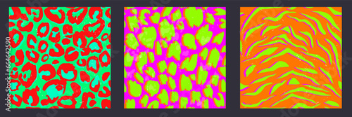 Set of acid colored animal seamless patterns