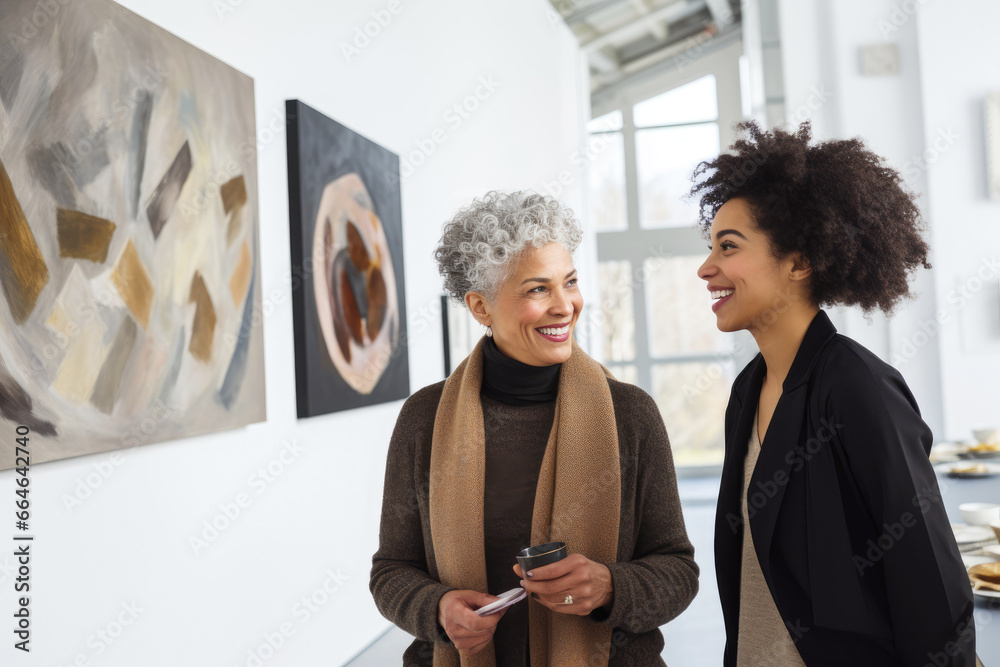 A female artist, african american ethnicity, at the opening day of the exhibition at a modern museum of contemporary art, communicates with Elegant woman, a lady art critic and a professional curator - obrazy, fototapety, plakaty 