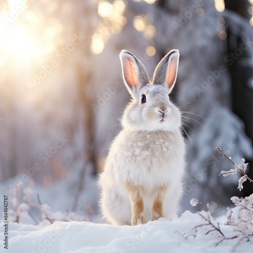 Cute rabbit or hare against snowy winter forest background. Holiday Christmas and New Year greeting card concept.