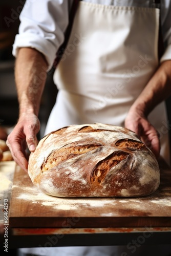 Fresh bread in male baker hands