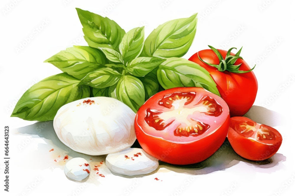 ingredients for Fresh italian caprese salad with mozzarella and tomatoes and basil on light background