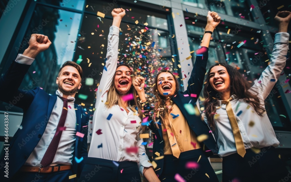 Fototapeta premium Office young workers standing happy with hands up and confetti falling