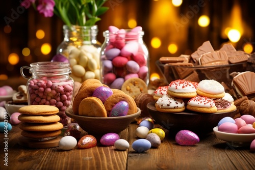 Assortment of Easter treats on wooden table. Generative AI