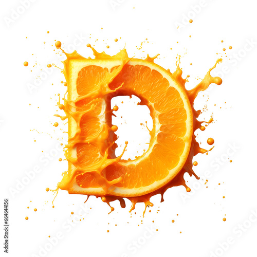 Alphabet orange with orange splash, fresh orange, orange juice, generated by an Artificial Intelligence