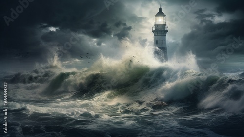 image that metaphorically represents "Isolation" with a lone lighthouse standing tall in the middle of a vast, stormy sea.