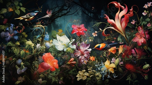 image that metaphorically represents  The Symphony of Nature  with a swirling  vibrant display of flora and fauna.