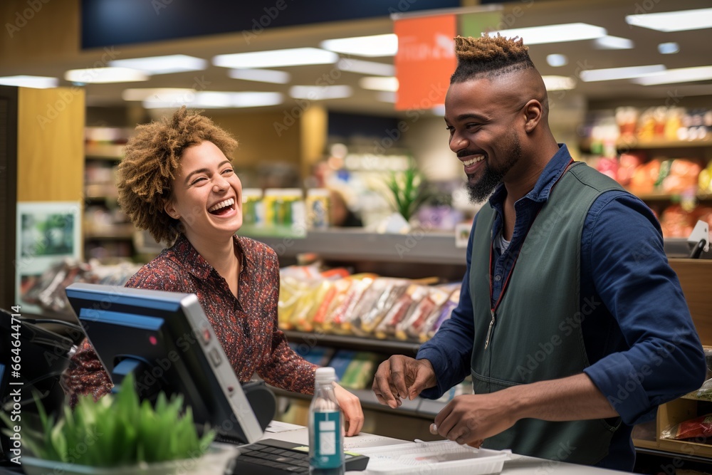 Grocery cashier sharing a joke with customer during checkout Grocery cashier sharing a joke with customer during checkout