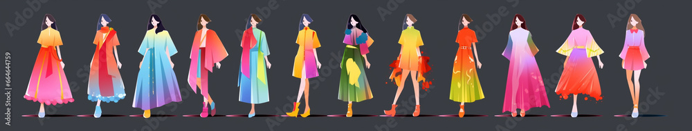 Fashion show, female models in casual, colorful outfits. AI Generated Fashion show, female models in casual, colorful outfits. AI Generated
