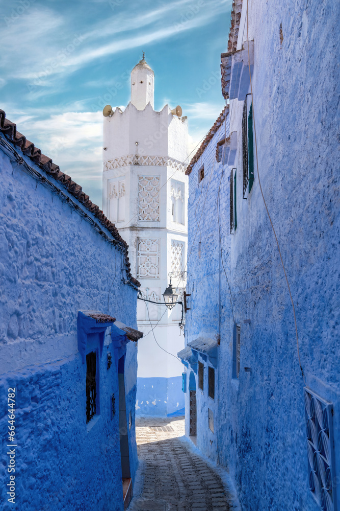 Φωτογραφία Chefchaouen town in Morocco, known as the Blue Pearl, famous for its striking blue color painted medina buildings and streets, creating a unique and magical atmosphere