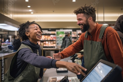 Cordial cashier greeting a customer in a bookshop