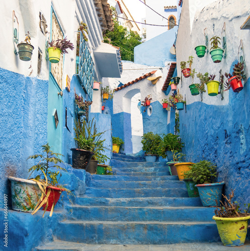 Chefchaouen town in Morocco, known as the Blue Pearl, famous for its striking blue color painted medina buildings and streets, creating a unique and magical atmosphere. © CanYalicn