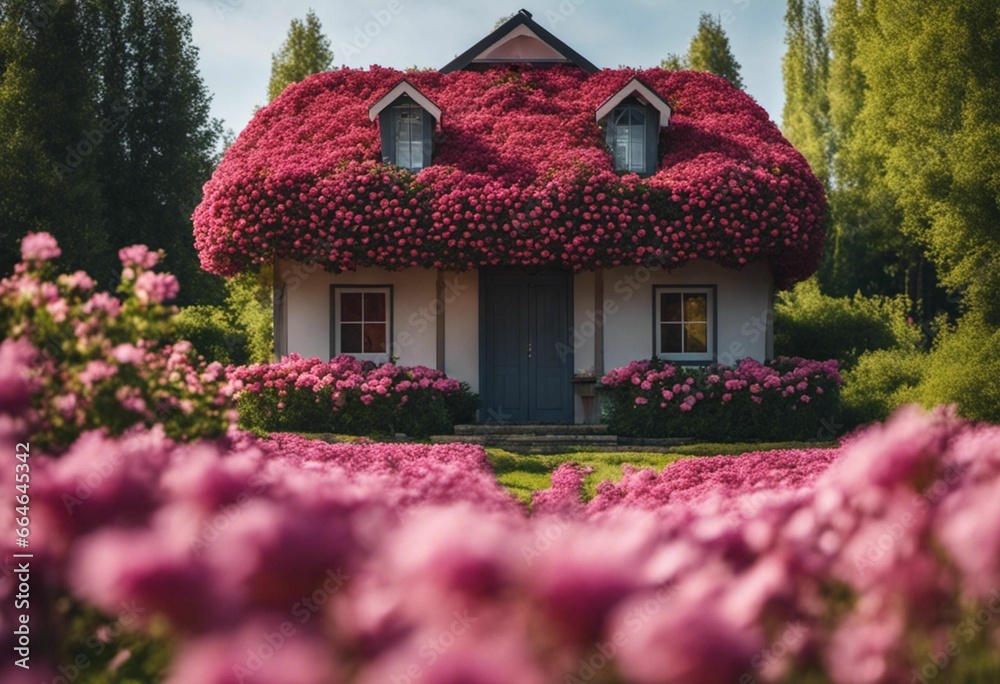 AI generated illustration of a house surrounded by a vibrant garden of pink flowers
