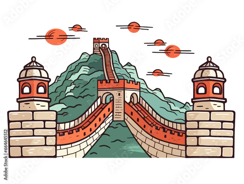 Doodle Great Wall of China with lanterns, cartoon sticker, sketch, vector, Illustration, minimalistic