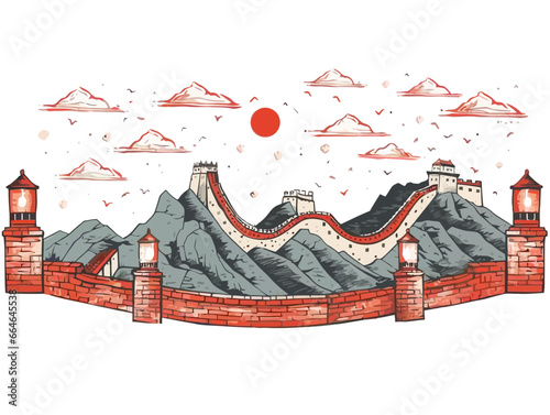Doodle Great Wall of China with lanterns, cartoon sticker, sketch, vector, Illustration, minimalistic