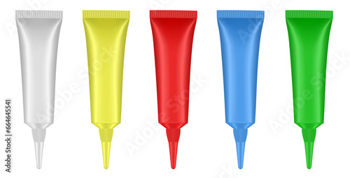 Set of tubes with long nozzle and long cap. Green, yellow, white, blue and red. Cosmetic packaging. Serum or ointment. Gel or cream