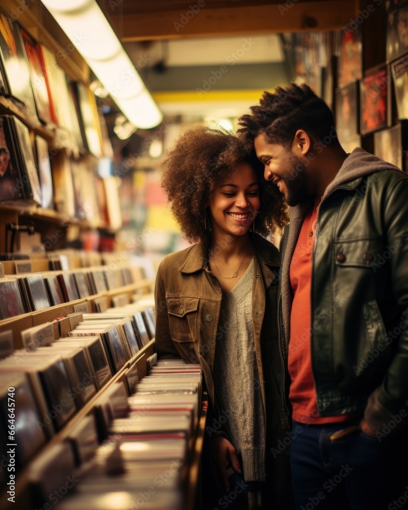 Young couple from different ethnic backgrounds meet at vinyl store