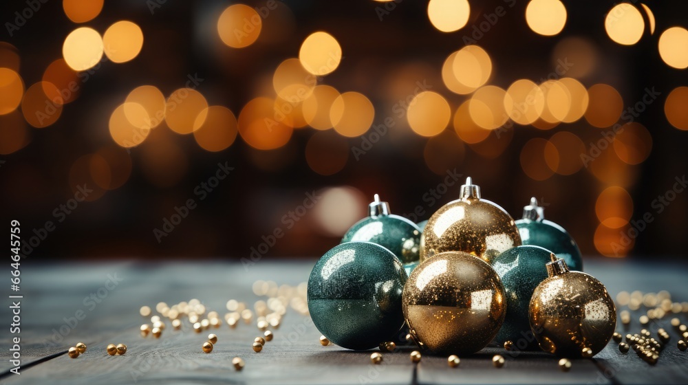 Greeting card with space for text, blue and gold Christmas balls lie on the rustic table. Greeting card with space for text, blue and gold Christmas balls lie on the rustic table.