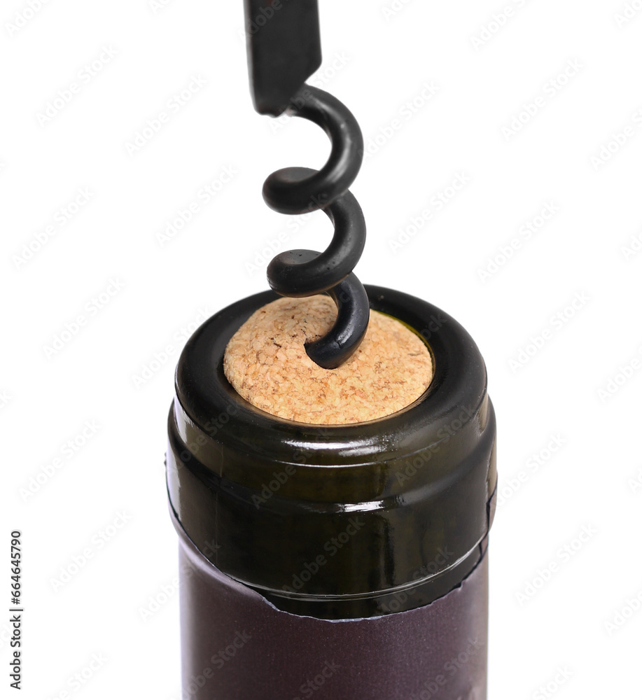 Corkscrew and bottle wine isolated on white, macro and clipping Corkscrew and bottle wine isolated on white, macro and clipping