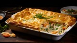 intricate layers of a classic chicken pot pie, with golden, flaky pastry.