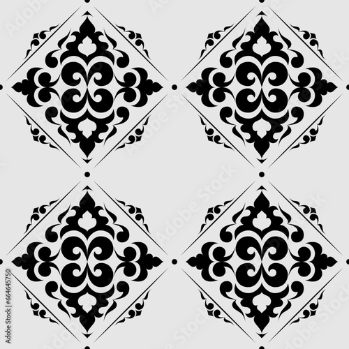 seamless botanical pattern of painted oriental motifs on a white background