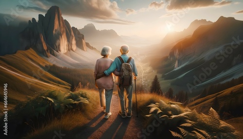 Elderly couple in love holding hands and hiking trough scenic nature, active seniors concept, healthy lifestyle background 