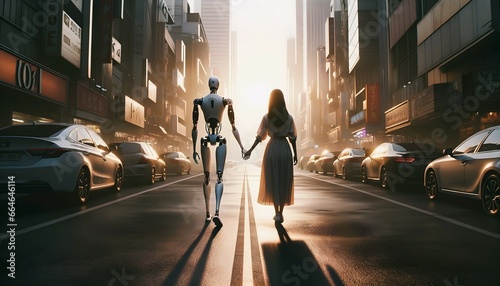Woman in love with Ai robot, human robot romance concept, futuristic background 
