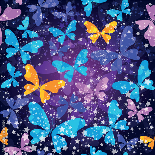 Vector fantasy seamless pattern with butterflies on the gradient background of the starry sky.