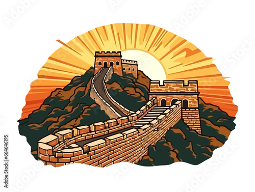 Doodle Great Wall of China in sunset, cartoon sticker, sketch, vector, Illustration, minimalistic