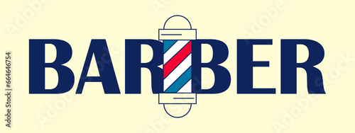 Logo word barbershop. Men Barber Pole. Striped symbol of a men salon. Beauty, hair and beard care. Simple. Isolated image. Vector illustration.