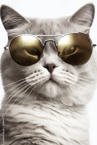 Portrait of white cat in green large round sunglasses, on white background